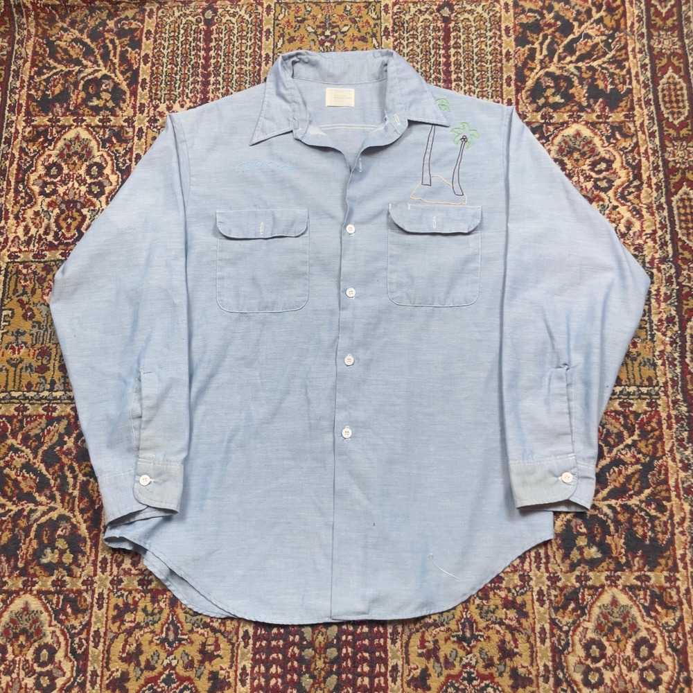 VTG 70s Big Mac JCPenney Blue Chambray Chain Stitch Palm Tree Work Shirt L USA